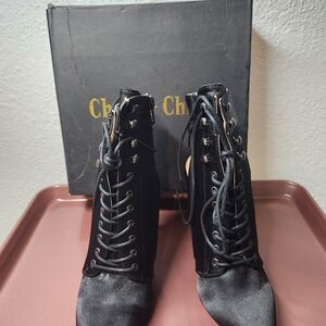 Black Lace-Up Ankle Boots open heel